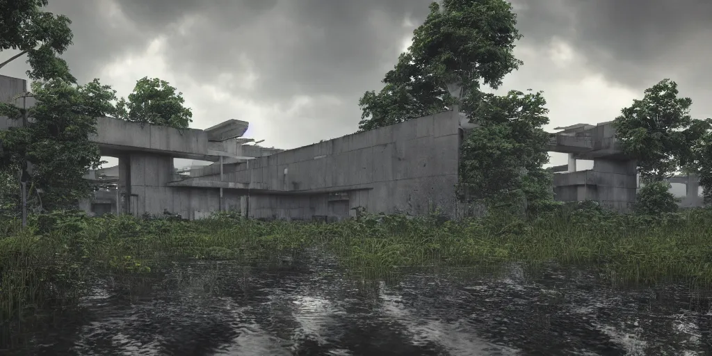 Image similar to brutalist architecture abandoned hospital, surrounded by lush green forest and murky ponds of water, stunning volumetric lighting, sundown, stunning skies, trending on Artstation, 8k, photorealistic, hyper detailed, unreal engine 5, IMAX quality, cinematic, epic lighting, cryengine, octane render, gloomy, foggy, dark