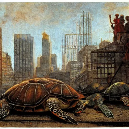 Prompt: turtles in burning fiat city, by Michael Sowa