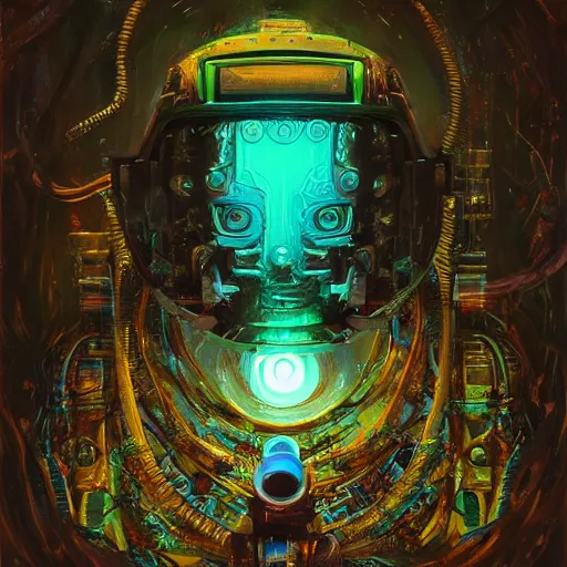 Image similar to low angle shot of A Robot With its head missing, gushing out oil from the hole, walking towards the viewer, neon color scheme, by Clive Barker , intricate, elegant, highly detailed, centered, digital painting, artstation, concept art, smooth, sharp focus, illustration, artgerm, Tomasz Alen Kopera, Peter Mohrbacher donato giancola, Joseph Christian Leyendecker, WLOP, Boris Vallejo.