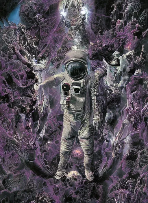 Image similar to astronauts in the dark infinite underwater void - complex and hyperdetailed technical suit, fabric material. reflection and dispersion materials. rays and dispersion of light. volumetric light. wide angle, f / 3 2. noise film photo. flash photography. ultra realistic, wide angle. poster by wayne barlowe, hajime sorayama aaron horkey, craig mullins