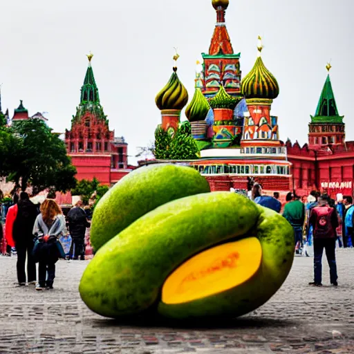 Prompt: photo of giant mango on red square, super wide shot, bokeh