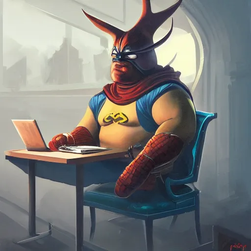 Image similar to a insanely detailed painting of a fat masked superhero wearing a costume sitting at a desk, staring at the nervously at the computer typing, in the style of peter mohrbacher, dramatic lighting and composition, trending on artstation, concept art, comic book