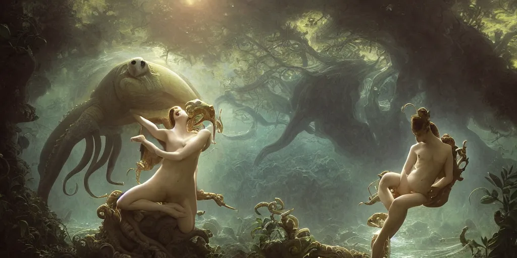 Image similar to Fantasy fairytale story, Great Leviathan Turtle, cephalopod, Cthulhu Squid Terrapin, Mysterious Island, center Universe, hybrid, Reptilian Cyborg, intense celestial fantasy atmospheric lighting, hyper realistic, William-Adolphe Bouguereau, François Boucher, Jessica Rossier, Michael Cheval, michael whelan, Cozy, hot springs hidden Cave, Forest, candlelight, natural light, lush plants and flowers, Spectacular Mountains, bright clouds, luminous stellar sky, outer worlds, Golden dapple lighting, Solar Flare Unreal Engine, HD,