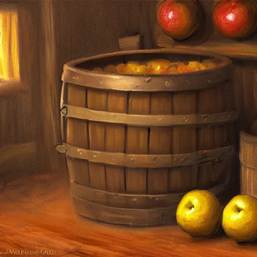 Prompt: oil painting of a barrel of apples in a tavern im medieval setting, low light, dwarves, HD, 4K, digital art