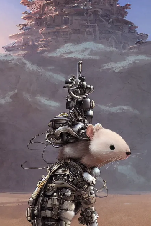 Image similar to anthropomorphic rodent with white and black ancestral ornate japanese tactical gear on an abandonment desert planet, high intricate details, long shot, rule of thirds, golden ratio, graphic novel by fiona staples and dustin nguyen, by beaststars and orange, peter elson, alan bean, studio ghibli, makoto shinkai