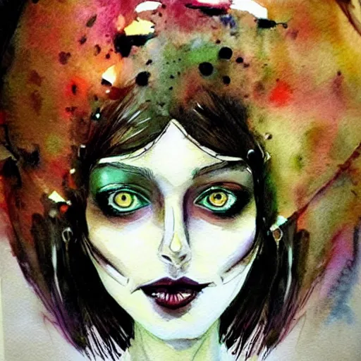 Image similar to woman portrait made out of watercolor paint, beautiful, cyborg, tim burton comic book art