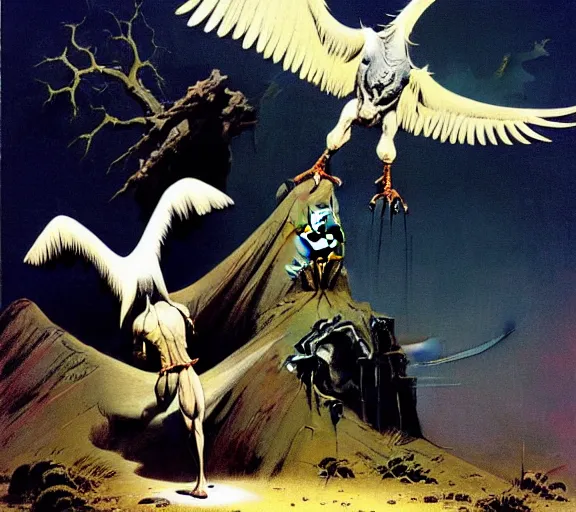 Image similar to a cultist praying to the altar of the sectretarybird by Frank Frazetta, trending on pixiv, HD, detailed, full width