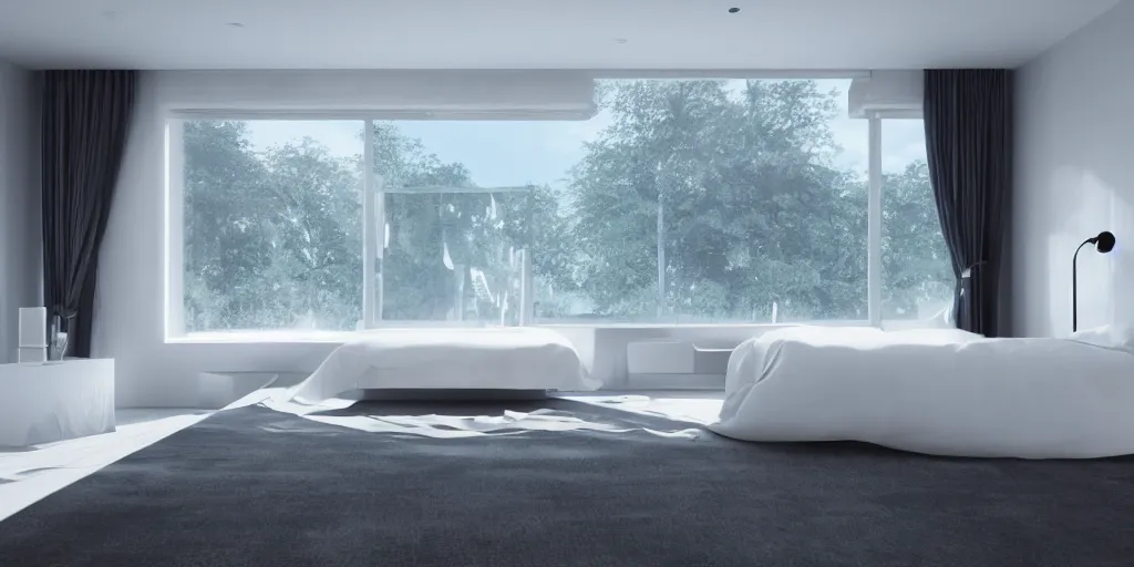 Image similar to a white futuristic bed in a futuristic minimalistic room with a huge window overlooking space, photorealistic, cinematic, octane render