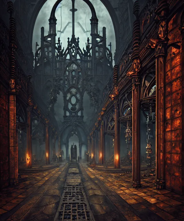 Image similar to steam necropolis, memento mori, gothic, neo - gothic, art nouveau, hyperdetailed copper patina medieval icon, stefan morrell, philippe druillet, ralph mcquarrie, concept art, steampunk, unreal engine, detailed intricate environment, octane render, moody atmospherics, volumetric lighting, ultrasharp, ominous, otherworldly