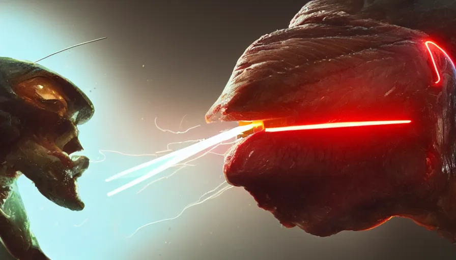 Image similar to homelander cutting a piece of steak with lazers coming from his eyes, hyperdetailed, artstation, cgsociety, 8 k