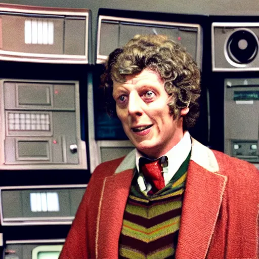 Prompt: Tom Baker as as the Doctor in his burgundy costume in the Tardis secondary control room