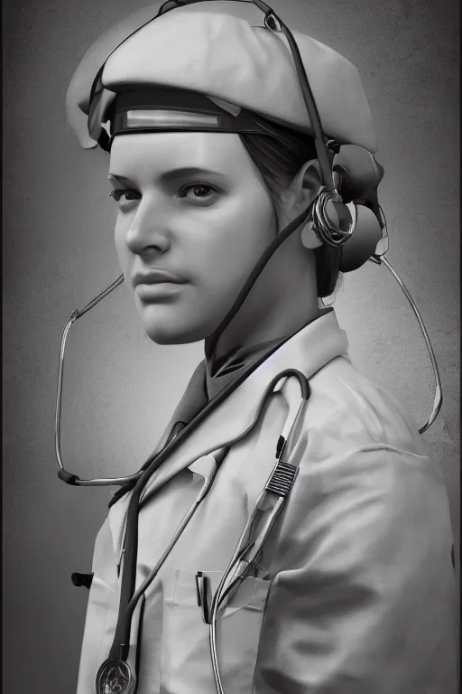 Image similar to a military doctor, portrait, mugshot, artstation, detailed , stethoscope, inside of a tent, midshot, 4k