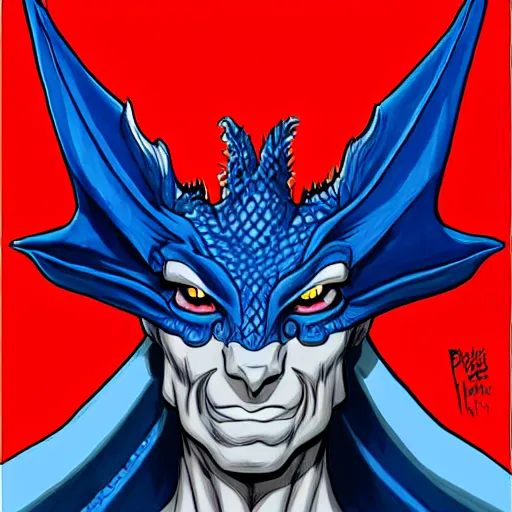 Image similar to head and shoulders porrtrait of a medieval fantasy anthropomorphic blue dragon - human hybrid with electrcity magic, fantasy, d & d, high details, art by phil noto and frank miller