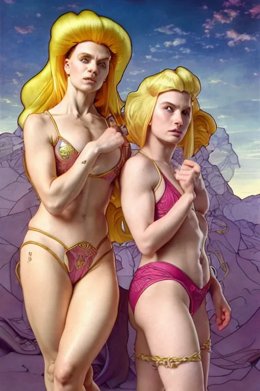 Prompt: helga g pataki and angelica pickles in the immaculate conception as goddesses with huge massive booties, doing squats in sling string bikinis, seductive cyberpunk dark fantasy, art by artgerm and karol bak and moebius and alphonse mucha and greg rutkowski, hyperdetailed, ultrarealistic, octane render, totally gonzo