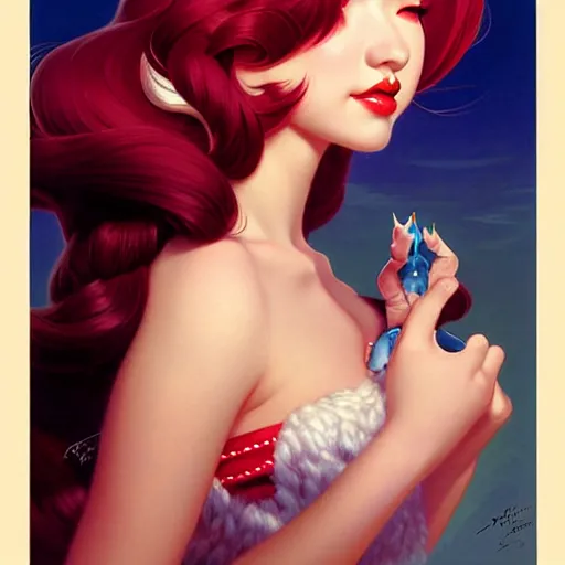 Image similar to head and shoulders portrait of Ahri of League of Legends illustration, medium shot, intricate, elegant, highly detailed, digital art, ffffound, art by gil elvgren and sachin teng