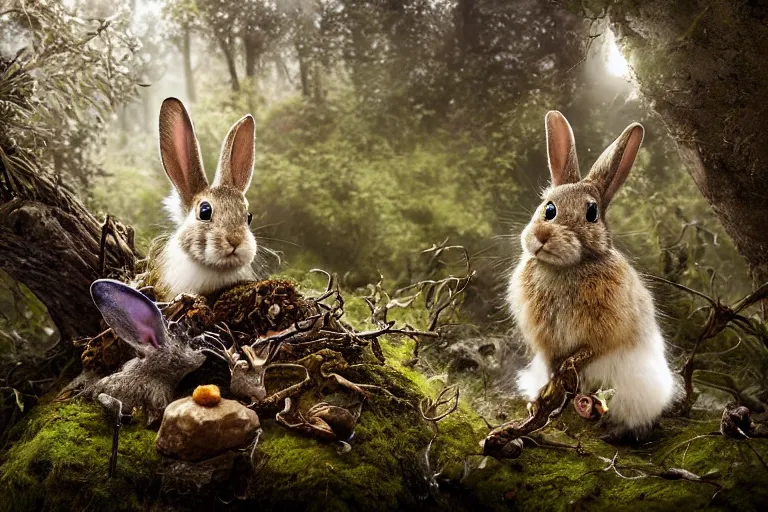 Image similar to photography print of taxidermy rabbit, majestic, stuffing of twigs and moss falling out, next on a cliff background, dappled lighting, backlit, by ellen jewett and dariusz zawadzki and brian froud and tom bagshaw, real, realistic, 8 k, high resolution, high definition, national geographics, professional wildlife photography