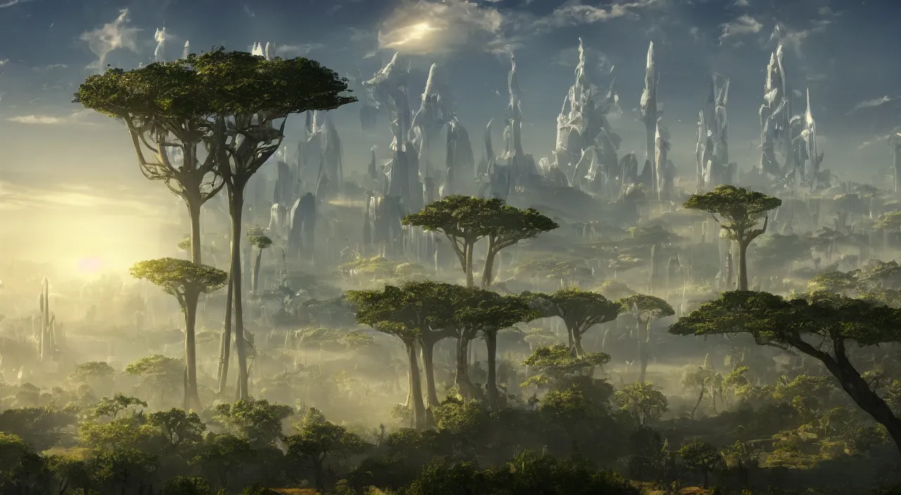 Prompt: An absolutely beautiful view of a sci-fi world. There are tall structures seen in the distance, with lots of unique looking trees.