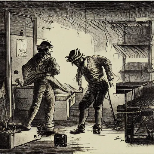 Prompt: Luddites set the server room on fire, lithograph