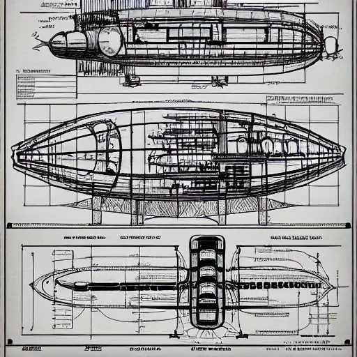 Prompt: detailed blueprints for a steampunk zeppelin