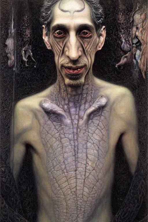 Image similar to an occult art portrait of douglas rushkoff by wayne barlowe, gustav moreau, goward,  Gaston Bussiere and roberto ferri, santiago caruso, and austin osman spare