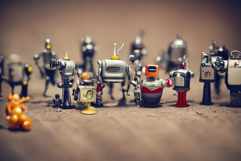 Image similar to miniature figurines of 1 9 5 0 s robot toys, tilt shift, product photography