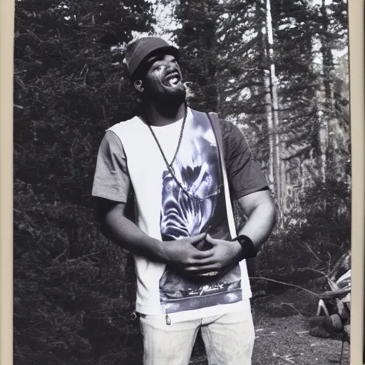 Image similar to retro 90s granular polaroid outdoors photo of an African American rapper near a campfire, flash photography, image artifacts