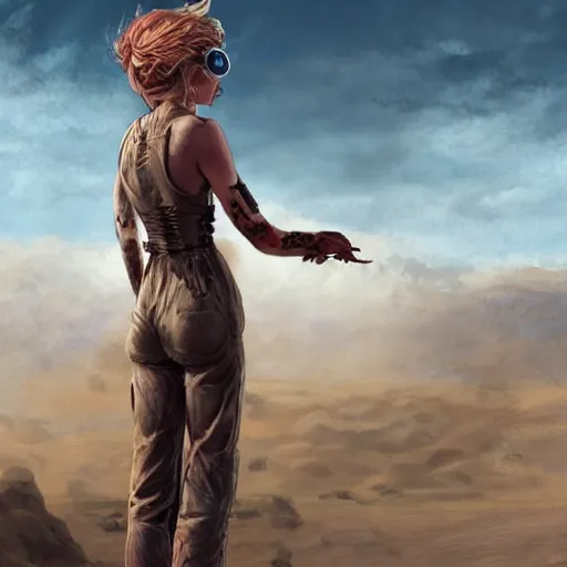 Prompt: tattooed dirty stoic butch heroic emotionless blonde woman engineer in tattered dirty coveralls, very short messy hair, victorian goggles, back pose, crossing primitive hostile alien desert, clouds of red dust, highly detailed, digital painting, artstation, concept art, matte, sharp focus, illustration, art by moebius and artgerm and greg rutkowski