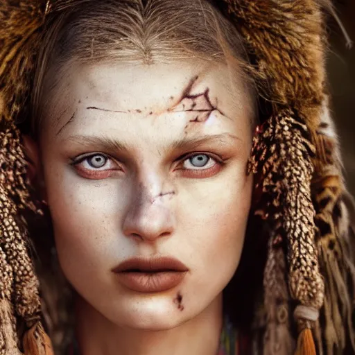 Prompt: portrait of a stunningly beautiful caucasian tribal female, depth of field, zeiss lens, detailed, symmetrical, centered, fashion photoshoot, by Annie Leibovitz and Steve McCurry, David Lazar, Jimmy Nelsson, Breathtaking, 8k resolution, extremely detailed, beautiful, establishing shot, artistic, hyperrealistic, beautiful face, octane render