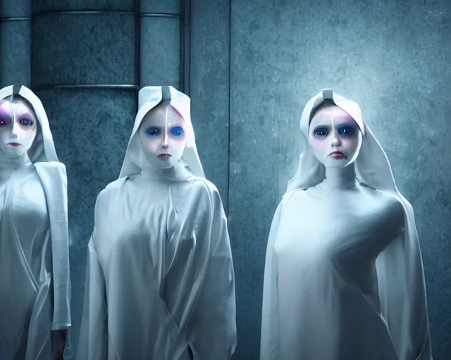 Image similar to a film still of three synthetic female human oracles wrapped in white cloth, face markings, beautiful, neotokyo, cinematic lighting, high resolution, 4 k