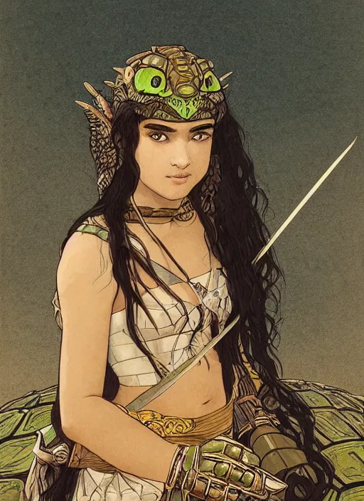 Image similar to portrait of a little warrior girl character sitting on top of a giant armored turtle in the desert, epic character with dark skin and beautiful green eyes. the girl has a very beautiful detailed symmetrical face, long black hair. the turtle has a big wise face and closed eyes, diffuse night light, dramatic landscape, fantasy illustration by mucha