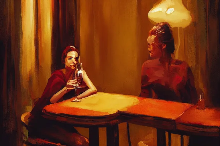 Prompt: A painting of a sympathic sorceress sitting at a table having a glas of red wine in a bar late at night by Greg Rutowski, Craig Mullins, ambient lighting, trending on artstation