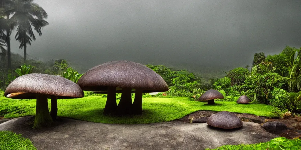 Image similar to giant bell shaped mushrooms loom over a Hawaiian villa in the middle of an tropical forest, ominous Sky, gloomy atmosphere, cinematic, mist, High definition, 8k, ultra detailed