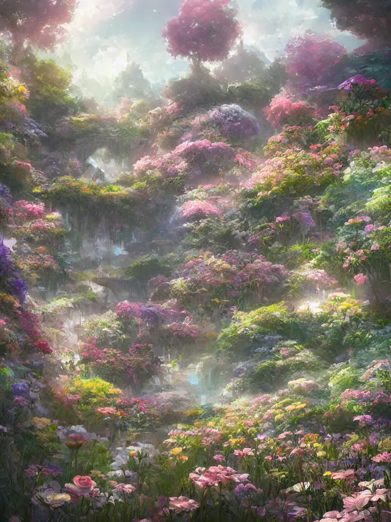 Image similar to a dream flower garden environment where one draws mystical energy into their lives, background art, pristine concept art, small, medium and large design elements, in the style of WLOP and Ross Tran