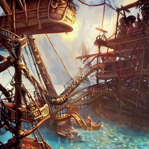 Prompt: waterpark on a pirate ship painting by brain froud, charles vess, cinematic lighting, epic composition, highly detailed