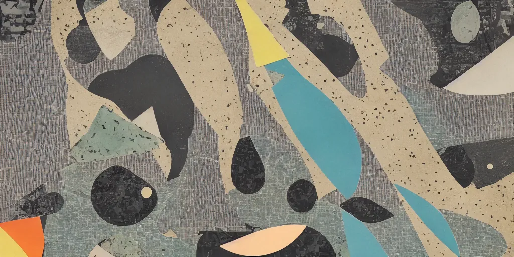 Image similar to A collage of a river reaching to the moon, mid-century modern, made of random shapes cut from magazines