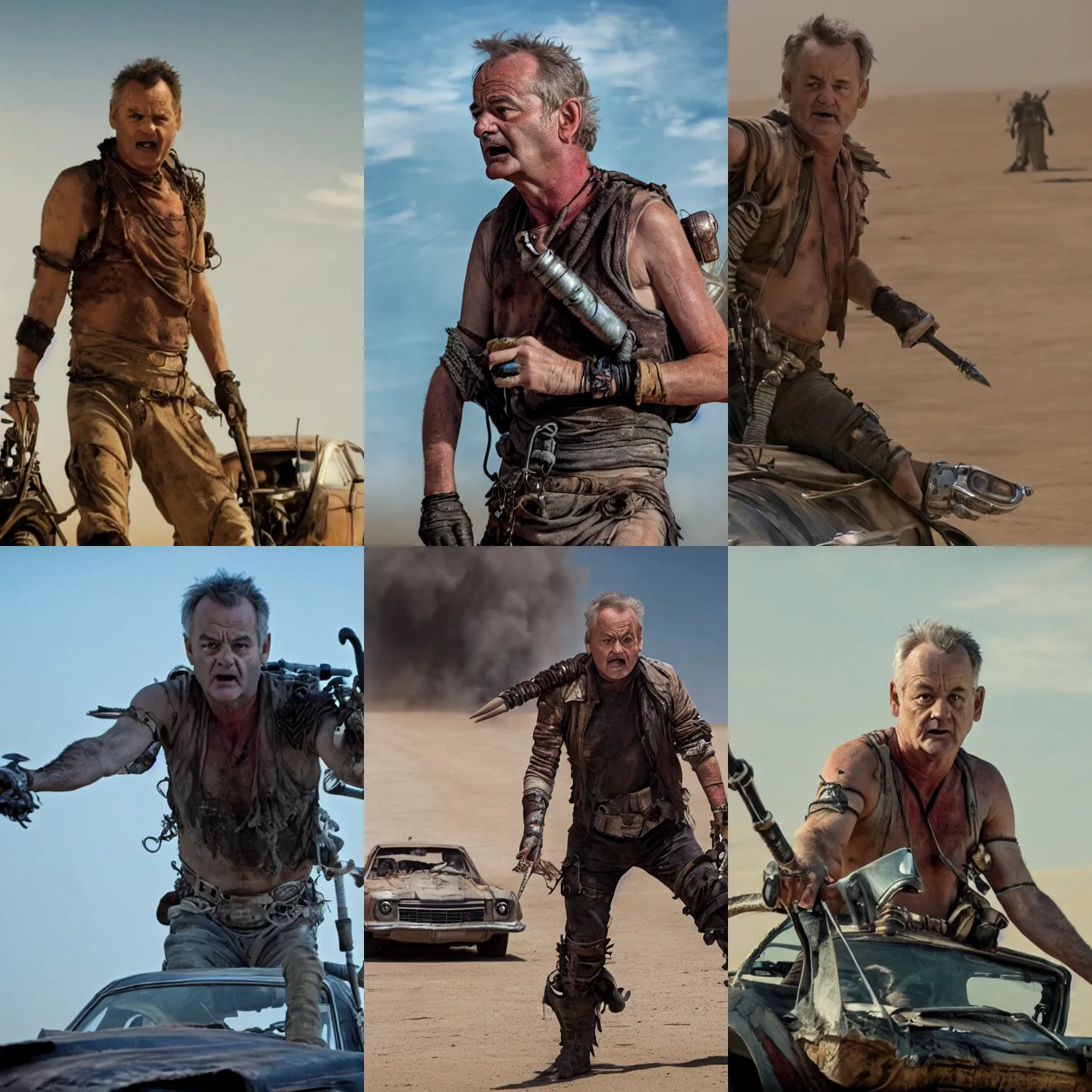Prompt: movie still of Bill Murray as Mad Max in Mad Max Fury Road, 4k, high quality, very detailed,