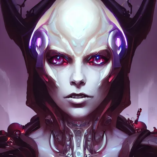 Image similar to a portrait of a beautiful demonic cybernetic queen of the undead, cyberpunk concept art by pete mohrbacher and wlop and artgerm and josan gonzales, digital art, highly detailed, intricate, sci-fi, sharp focus, Trending on Artstation HQ, deviantart, unreal engine 5, 4K UHD image