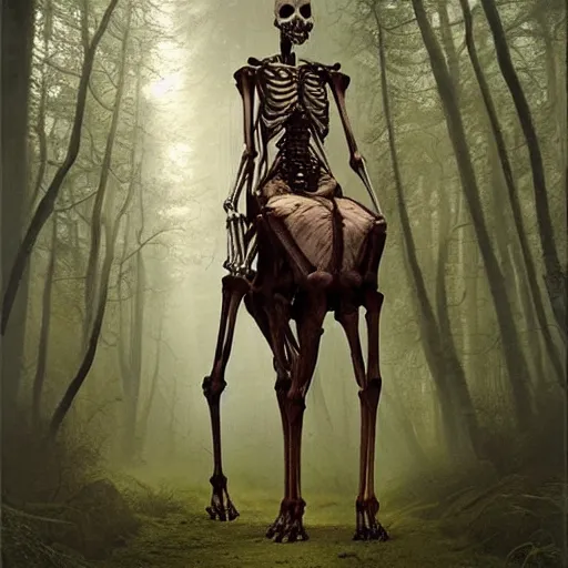 Image similar to a skeletal centaur in a magical forest, Zdzisław Beksiński style. Very detailed 8k