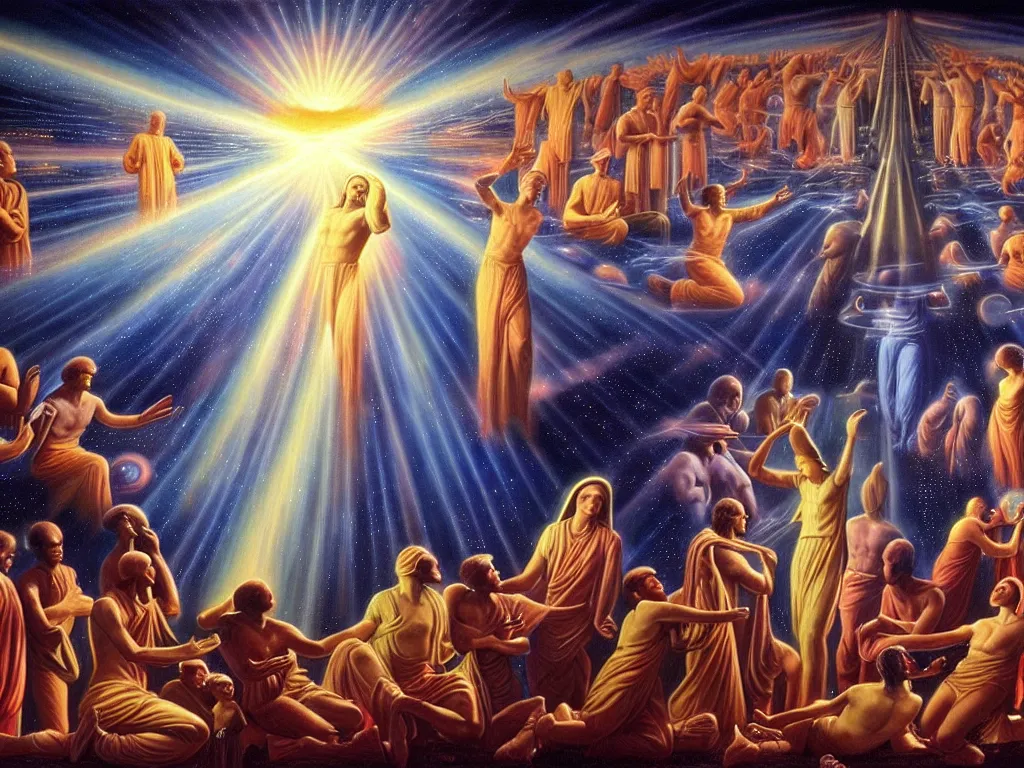 Image similar to a beautiful scenery of humanity evolving into god like beings, spiritual science, divinity, utopian, by david a. hardy, wpa, public works mural, socialist