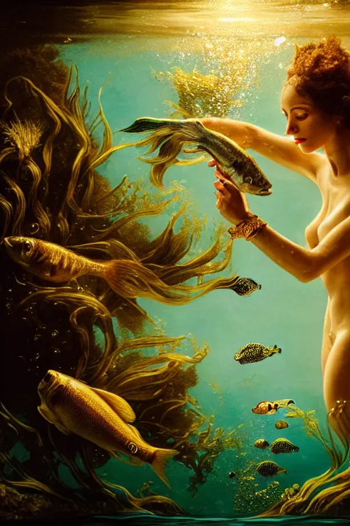 Image similar to hyperrealistic neo - rococo cinematic half underwater scene with fish and algae, very expressive! translucent elegant african goddess getting out of water, gold jewerly, highly detailed face, digital art masterpiece, aykut aydogdu zener, dramatic volumetric light, long shot, low angle uhd 8 k, sharp focus