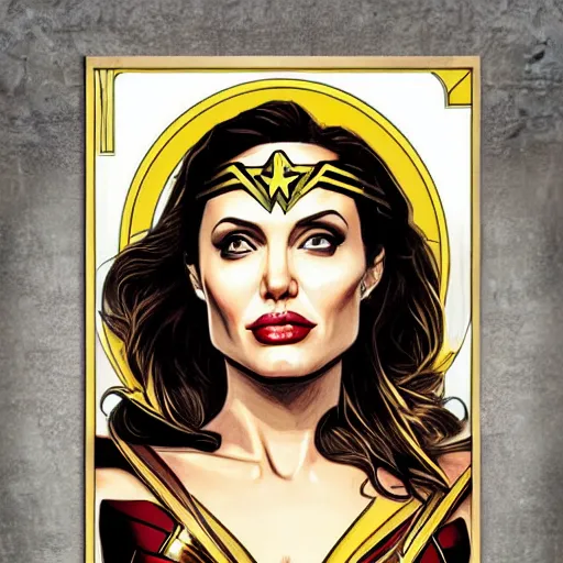 Image similar to angelina jolie as wonder woman, mucha style, symetrical art deco poster illustration highly detailed,