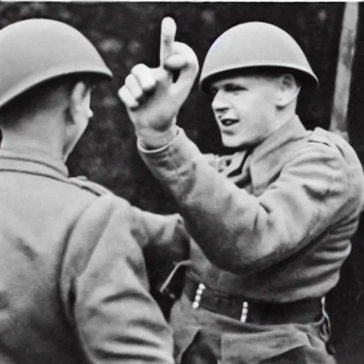 Image similar to World War 2 photo of soldiers fighting with finger guns