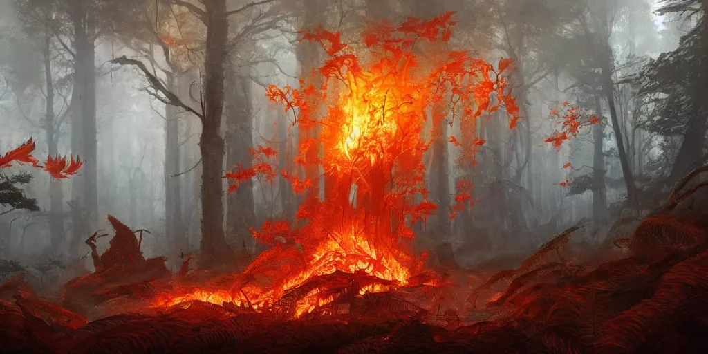 Image similar to a flaming forest, flaming leaves, magma, flame ferns, flame shrubs, huge flame fantasy plant, covered in flame porcelain vine, artstation, by jakub rozalski, greg rutkowski, anthony avon