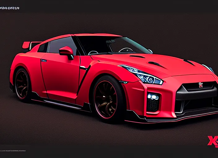 Image similar to Crimson GT-R R36 2035 165mm camera, hyper detailed, digital art, trending in artstation, cinematic lighting, studio quality, smooth render, unreal engine 5 rendered, octane rendered, art style by klimt and nixeu and ian sprigger and wlop and krenz cushart