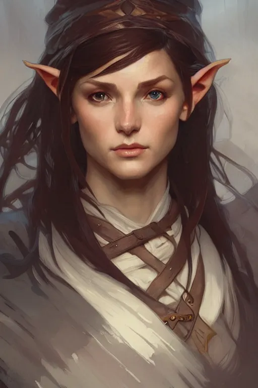 Image similar to portrait of a beautiful fit elf ranger, with fluent cloths, leather armor, by greg rutkowski and alphonse mucha, d & d character, gradient brown to white, autumn background, highly detailed portrait, digital painting, artstation, concept art, smooth, sharp focus illustration, artstation hq