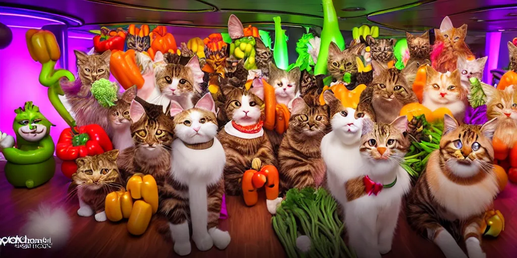Image similar to 8 k uhd cinema 4 d, octane render of multiple cats dressed as vegetables with vegetables as masks, vegetables dressed as cats with fluffy tails, line dancing at a party, in the ballroom of a luxury cruise liner, beautiful chandeliers from the ceiling, ultra realistic, group photography, 1 0 5 mm lens, multi coloured volumetric lighting