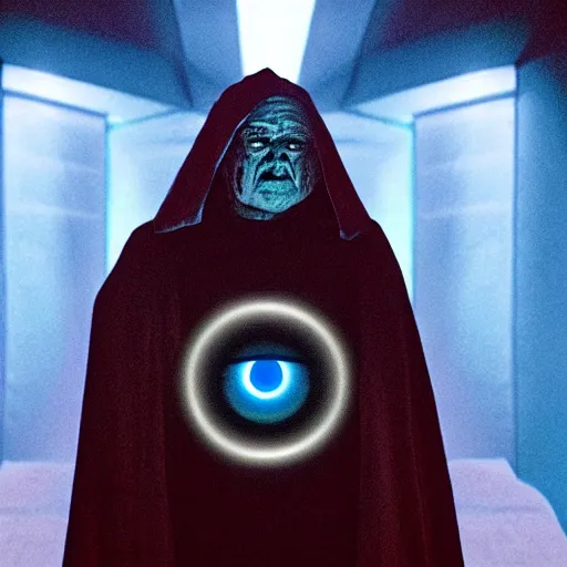 Image similar to colm imbert as emperor palpatine, glowing eyes