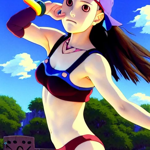 Image similar to beautiful boyish natalie portman gravure model in majora's mask, wearing wooden mask and baseball cap and leotard, street wear with subtle mayan patterns, aztec bathing suit, gapmoe yandere grimdark, trending on pixiv fanbox, painted by greg rutkowski makoto shinkai takashi takeuchi studio ghibli, akihiko yoshida