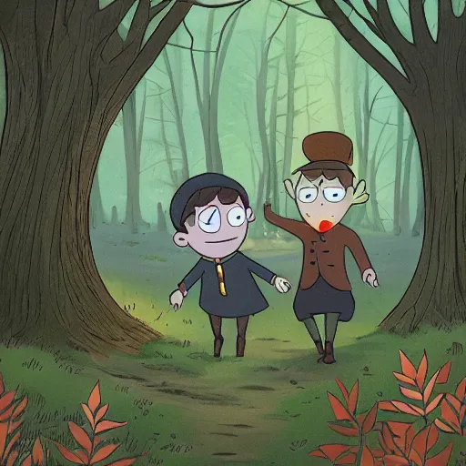 Prompt: Over the Garden Wall, greg and wirt are lost in the forest