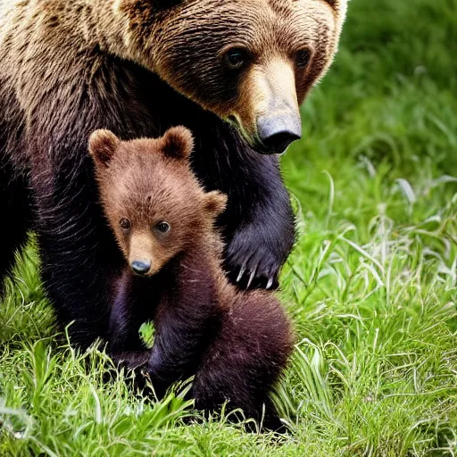 Image similar to a bear cub with his mother, photo taken by nikon, wildlife photography, nature magazine, tele lens